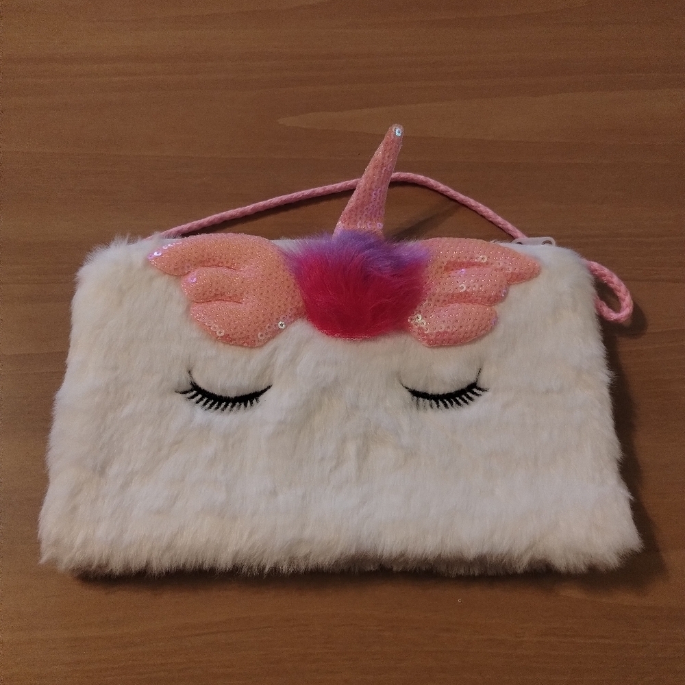 Fluffy Unicorn Crossbody Purse – Pink Sequin Horn – Kids/Teen Bag – Furry